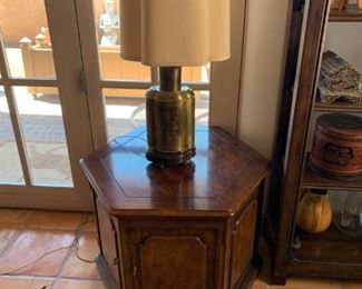 Item #117   $125   Nice octagonal side table/storage cabinet, 26" H                                                                                               Item #118  $65   Vintage Asian etched brass table lamp