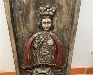 Item #58    $495    Antique  large carved and polychrome wood panel, bearing label of El Mundo Pequeno stating  'Holy Infant of Prague Phillippines ca 1780-90 $950',  34 1/2" x 16 1/2"