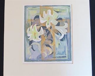 # 502   $120   Louie Ewing (American 1908-1983)  Serigraph 'Lilies' 24/120, pencil signed and titled, matted only, no frame, 20" x 16"