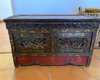 Item # 190   $450   Antique Tibetan portable altar table, polychromed wood with carved dragons (top does not open, no storage), 16 1/2" H, 27 " W, 15" D