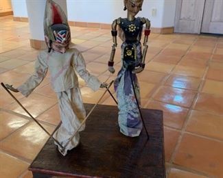Item # 116    $200   Pair of vintage Balinese Wayang Golek marionette puppets 28" and 24"                                          Item # 115    $150   Polychrome red wood low table, 20" square, 8 1/2" high