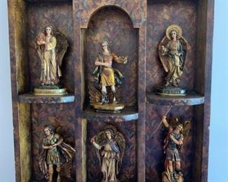 Item # 82  $125  Vintage painted cabinet 30" x 23 1/2" with painted figures of saints