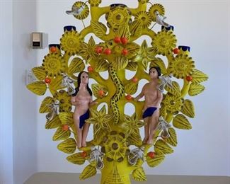 Item # 122   $375   34" vintage Mexican ceramic tree of life/Adam & Eve candelabra, unsigned