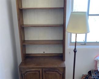 Items #193 and 194   $150 each or $250/pair  2  matching vintage shelf units with cupboard below, 78" H, 30" W                                                                                                      Item #195   $75    Vintage brass floor lamp