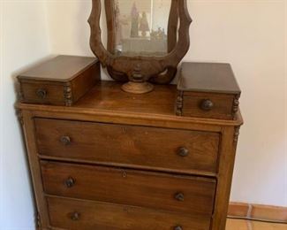 Item #196   $125   Antique chest of drawers with 2 glove boxes and pedestal mirror (needs to be attached), 40" W