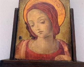 Item #102   $25  Croatian  painted plaque on stand, after Nikola Bozidarevic, 7" x 7"