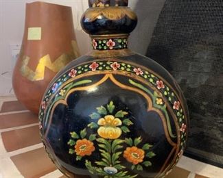 Item #165   $100    Large Indian hand-hammered and painted metal vessel, traditionally used to collect waters of the sacred rivers - the Ganges and Yamuna Sarasvati