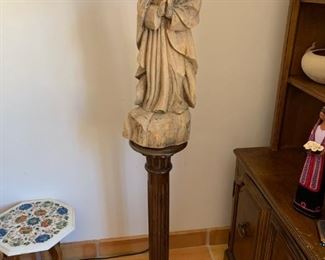 Item #199     $60   Antique Neoclassical display pedestal  Item #244     $80  26" unsigned carving of saint/Mary(?), head broken off and repaired