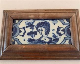 Item #121    $80    18th C tile, Seville, Spain, 4 3/4" x 7 1/2" framed