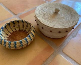 Item #210    $50/lot    2 Native American baskets, one covered 7'' D, other 5 1/4'' D