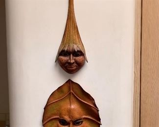 Item #108    $100/pair   Balinese(?) painted leather pieces dated 2018, 15'' x 4 1/4'' and 12'' x 8 1/2''