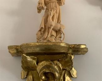 Item #86 $75   St. Francis with gilt wood shelf, 7 1/2'' H figure and 6 1/4'' H base