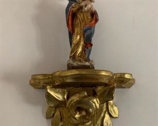 Item #87    $80   Mary and child carving with gilt shelf, 8 1/4'' H figure and 6'' H base