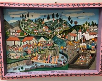 Item #54    $350   Beautiful   Serafin Cayor folk art acrylic on board painting 'Es la Fiesta de res Magos,' ,19 1/2'' x 27 1/2''