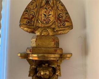 Item #83    $100   Gilt carved saint figure on shelf, 21'' x 9'' total, 12'' x 9'' figure