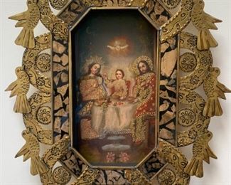Item #84    $250   Vintage oil on canvas Holy Family with metalwork frame, unsigned,18'' x 15'', closeup follows