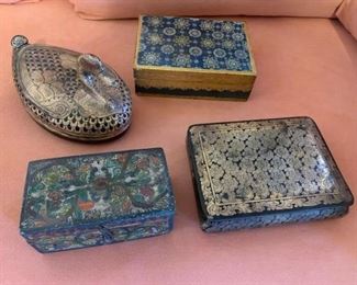 Item #178  $60/lot   4 boxes, 2 Chinese lacquer boxes including figural duck, Italian gold painted, and small other