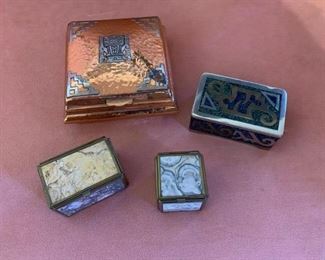 Item #177    $100/lot   4 Mexican boxes,stone and sterling/copper overlay, sizes vary 1 3/4'' square to 4 1/2'' square