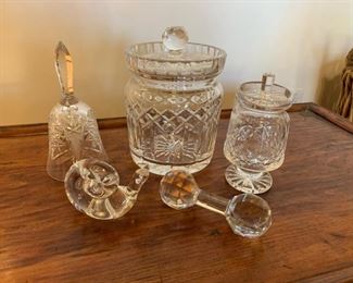 Item #217    $100/lot  Biscuit barrel, Bell, jam jar, knife rest, Steuben crystal snail (as is, 1 stalk broken) 