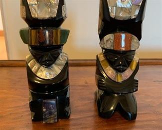 Item #211   $100/pair    Black onyx and semiprecious stone Mexican carvings, 8 1/2'' H