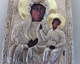 Item #95     $200   Russian icon, Mary and Jesus print under sterling oklad, 6 1/2'' x 5''