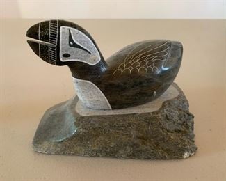 Item #132  $145   Etched Inuit soapstone puffin carviing (Eddie Lee?), 4 3/4" x 6", signed with a symbol
