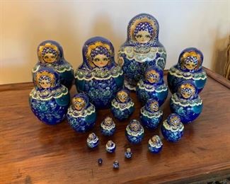 Item #215    $250   Incredibly detailed Russian matryoshka nesting dolls,  signed, 19 pc