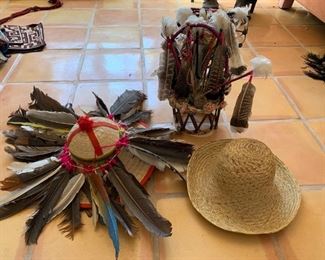 Item #248     60/lot 2 folk art hats and small chair with feathers
