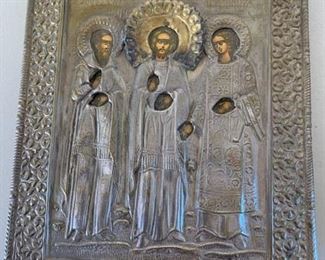 Item #93     $350    Russian icon, Christ with Gabriel and Michael,  sterling and gold oklad, 9'' x 7''