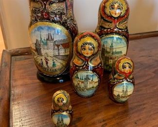 Item #212   $200    Beautifully painted Russian matryoshka nesting dolls, signed, 5 pc