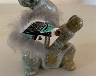 Item #138   $125  Inuit carved soapstone hunter with mask and fur (missing spear?), 5 1/4"