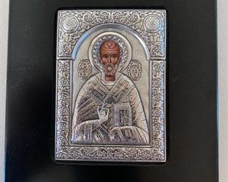 Item #99    $50  Greek icon, sterling oklad,  St. Dimitrious, 5'' x 5''