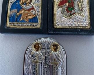 Item #100    $100/lot    3  icons, 2 Greek sterling oklad and 1 sterling oklad St George, 3'' x 2 1/2''