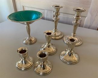 Item #406     $200/lot     Sterling weighted base Towle enameled compote, 6'' H, and 3 pairs of candlesticks, 7'', 4'', 3''