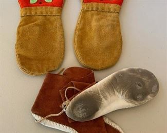 Item #405     $200   Vintage beaded buckskin mittens, and moccasins