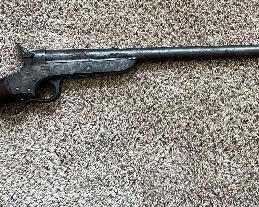 Item #102
Sharps and Hankins .52 carbine rifle
This rifle is serial # 9432
Patented in 1859
Sharps & Hankins 1859 single shot, breech loading Navy Carbine. This Sharps and Hankins .52 caliber rim fire rifle, patented in 1859, originally came with a leather wrapped barrel, and was used by the Navy. When the trigger guard is pulled down the barrel moves forward in the frame to open the chamber for loading. This was one of the first breechloaders to use self-contained metal cartridges. This example appears to be complete with the exception of the leather barrel cover, and the barrel sight. The action functions as expected. The left side of receiver is marked "SHARPS PATENT 1859" The right side is marked "SHARPS & HANKINS PHILADA". The stock has wear but is solid. This is an interesting and good example piece of Naval firearms history.
Cost: $1950.00