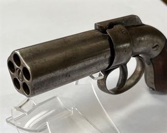 Item # 112 Antique 5 shot Bar Hammer Pepperbox Revolver This antique bar hammer Pepperbox pistol was manufactured sometime between 1840-1860. It has the same look as the Allen - Thurber 5 shot pistols of this design. As it is unmarked it is being considered a pirated Bar Hammer Pepperbox pistol. It does shoot .32 caliber ammo. This is a very unusual and collectible pistol and appears to be in great mechanical working order. Price $1550.