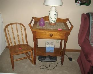 ANTIQUE CHILD ROCKING CHAIR, SIDE TABLE
