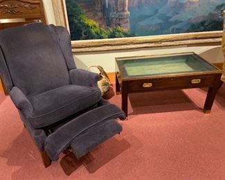 campaign style mahogany, brass & glass display coffee table and nice old Barcalounger