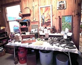 Lots of great Vtg. items from tools to crocks, milk jugs, Vtg. local advertising items, marbles, office items and much more.