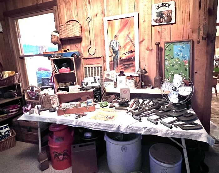 Lots of great Vtg. items from tools to crocks, milk jugs, Vtg. local advertising items, marbles, office items and much more.