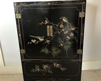 Vintage Asian black lacquer cabinet. 36" tall x 24" wide x 12" deep.