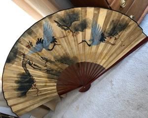 6' wide hand painted Chinese wall fan decorated with herons and cranes