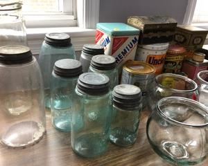 Vintage tins, blue Ball jars, and other cool glassware