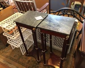 @ wood and green faux marble side tables