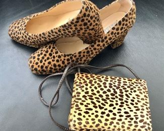 $25 Barneys New York (Italy) leopard pumps size 40.  $75 Greta leopard purse 4.75" H, 6.25" W, 1.5" D, strap drop 21.5".