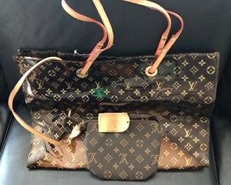 $50 Faux Louis Vuitton smoked plastic tote.  12.5" H, 18.5" W, 7" D, strap drop 10".