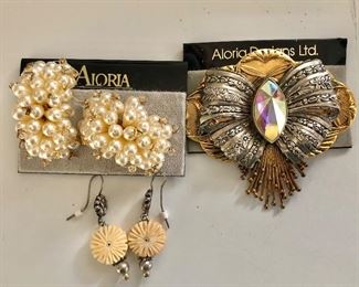 $20 ea Aloria pins, earrings , and circular flower earrings unsigned.  Left top earrings: 1.75"L; 1"W Bottom earrings SOLD 