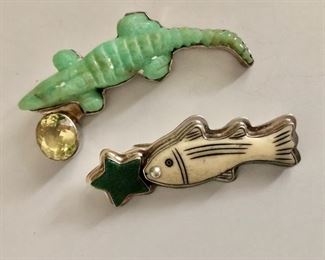 $95  ea Echo of The Dreamers  large sterling silver alligator pin, fish star pin SOLD .  Top green alligator AVAILABLE : 1.75"L; 3.5"W