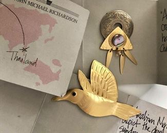  $20 ea John Michael Richardson signed pins.  Bird: 2.5"L; 4.5"W 